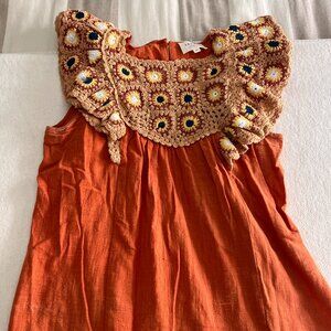 Sézane Orange Cotton Crochet Ruffle Top Blouse - Size 36